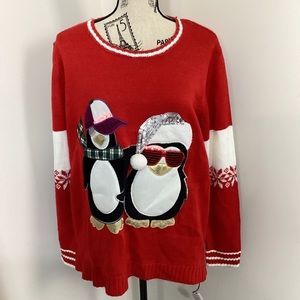 Holiday Edition Women’s Red White Holiday Sweater Blinking Lights on Penguins